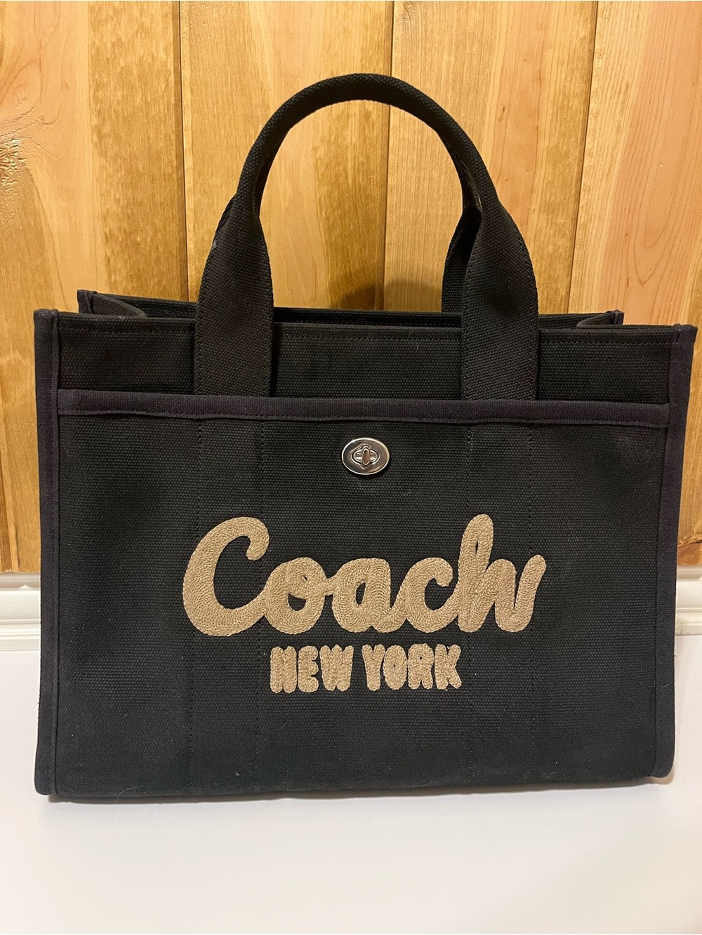 Coach Black Canvas Briefcase Tote with Tan Logo Script